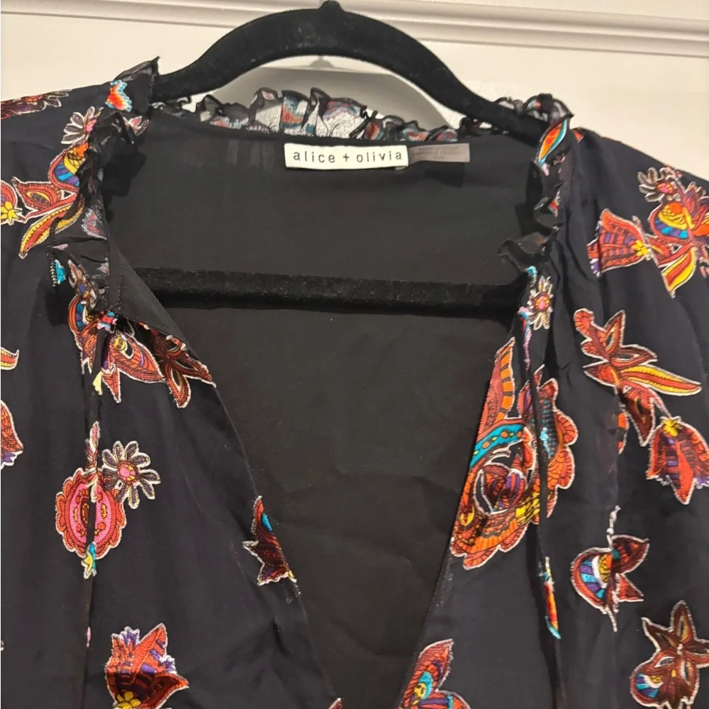 Alice + Olivia Julius Floral Flower Ruffle Dress Silk Black Multicolor Pattern - Picture 7 of 11